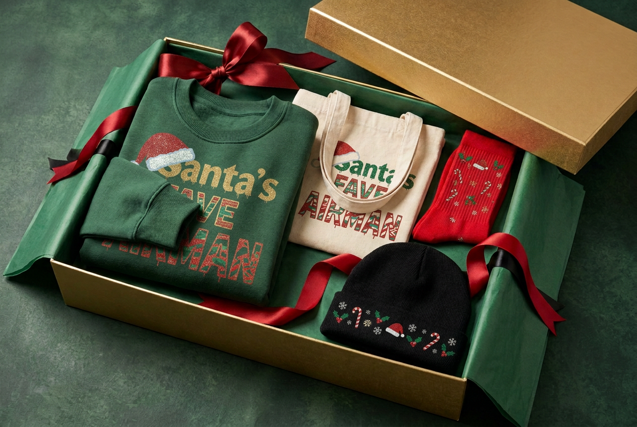Crewneck Sweatshirt, Tote Bag, Socks, Beanie in a gold gift box