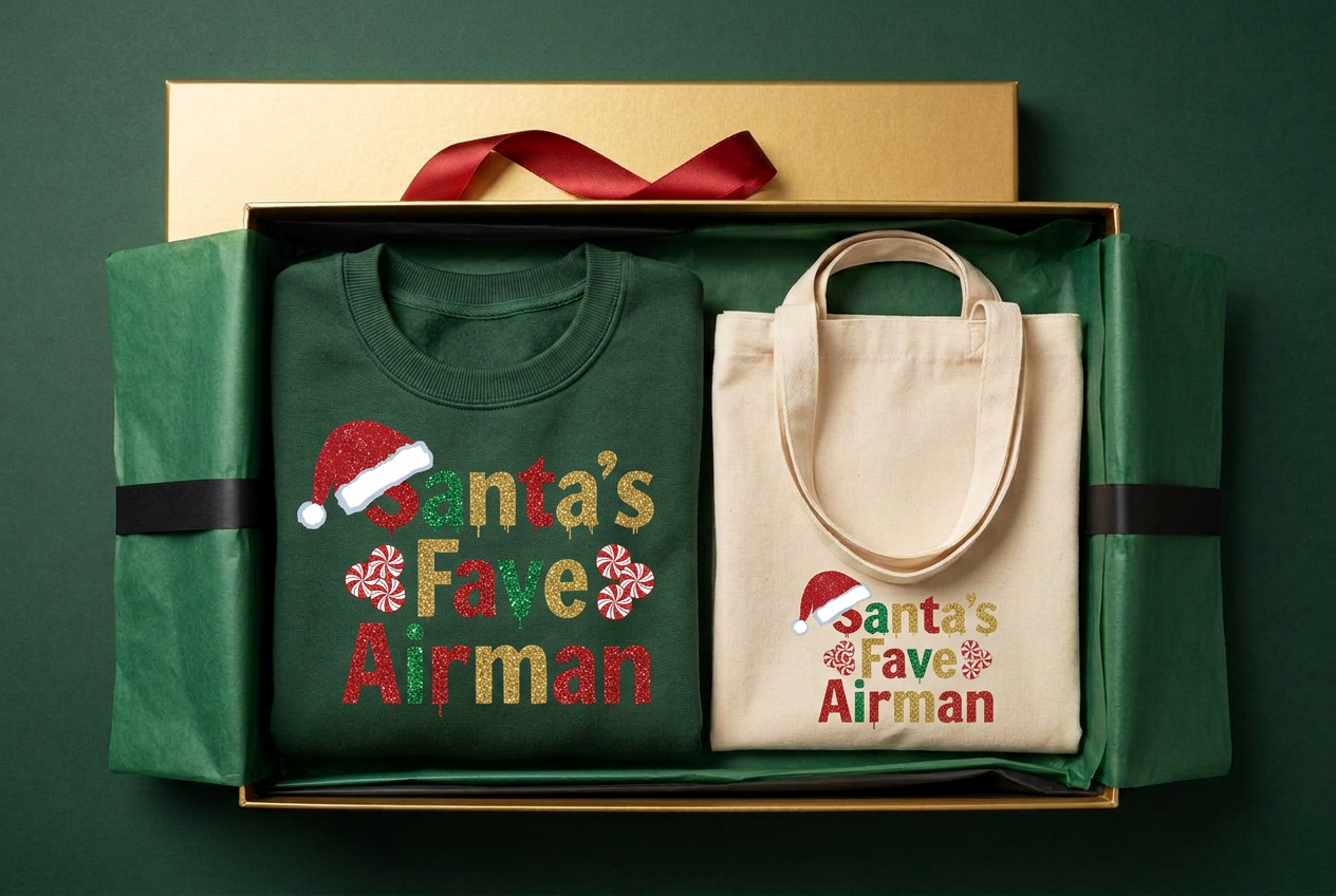 Crewneck Sweatshirt, Tote Bag in a gold gift box