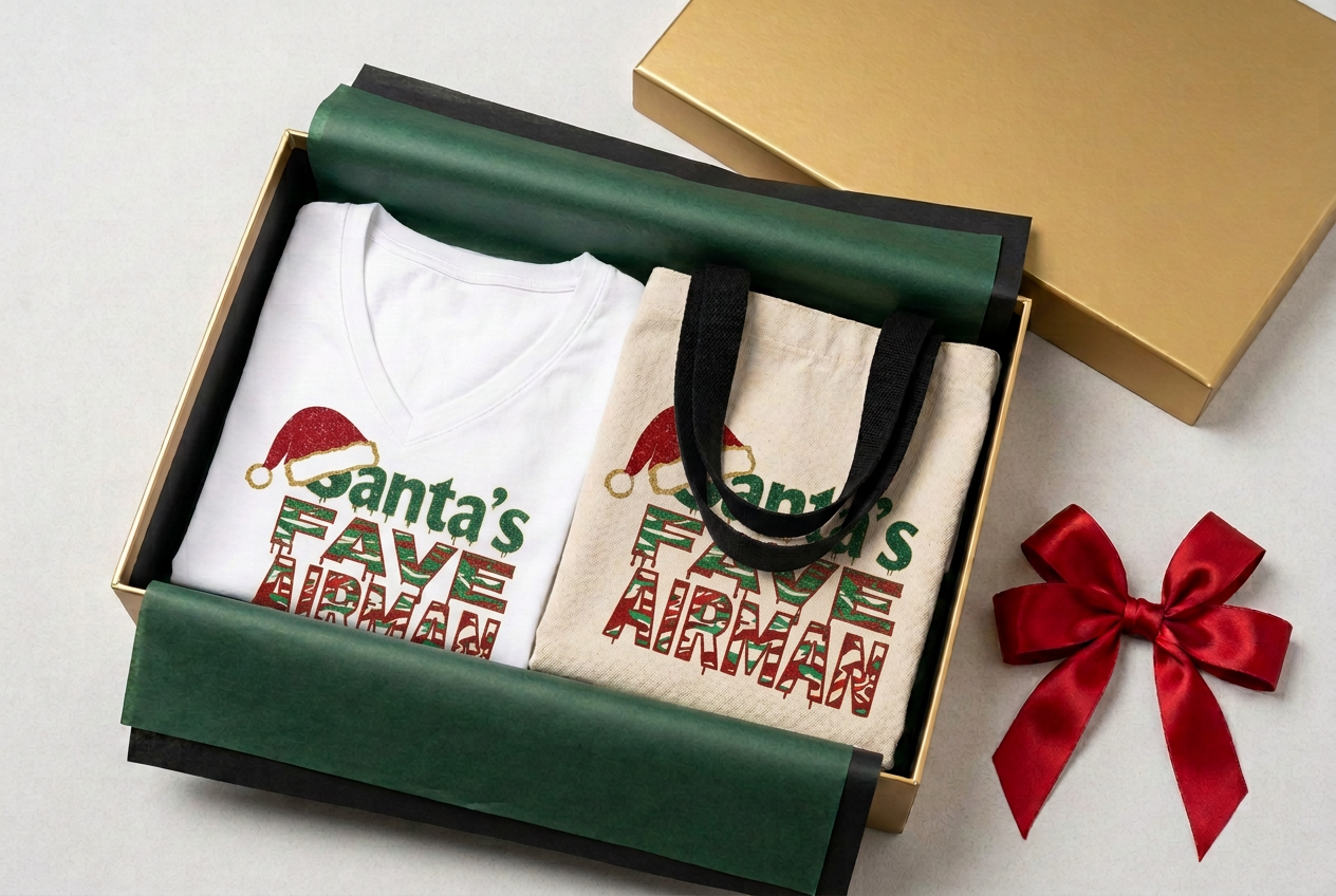 T-shirt + Tote gift set open in a gold gift box