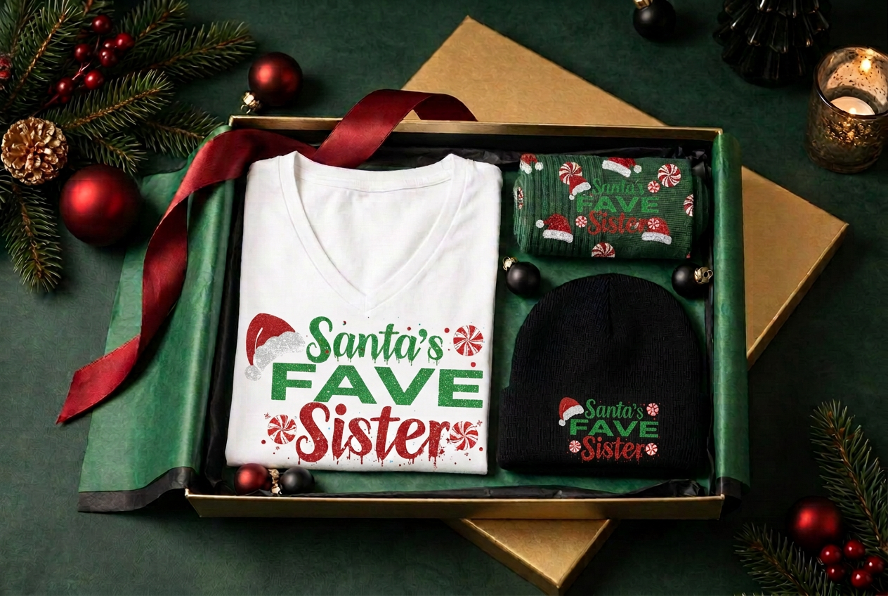 T-Shirt, Socks, Beanie in a gold gift box — recipient design inspiration