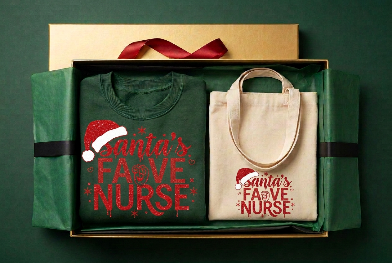 Crewneck Sweatshirt, Tote Bag in a gold gift box — recipient design inspiration