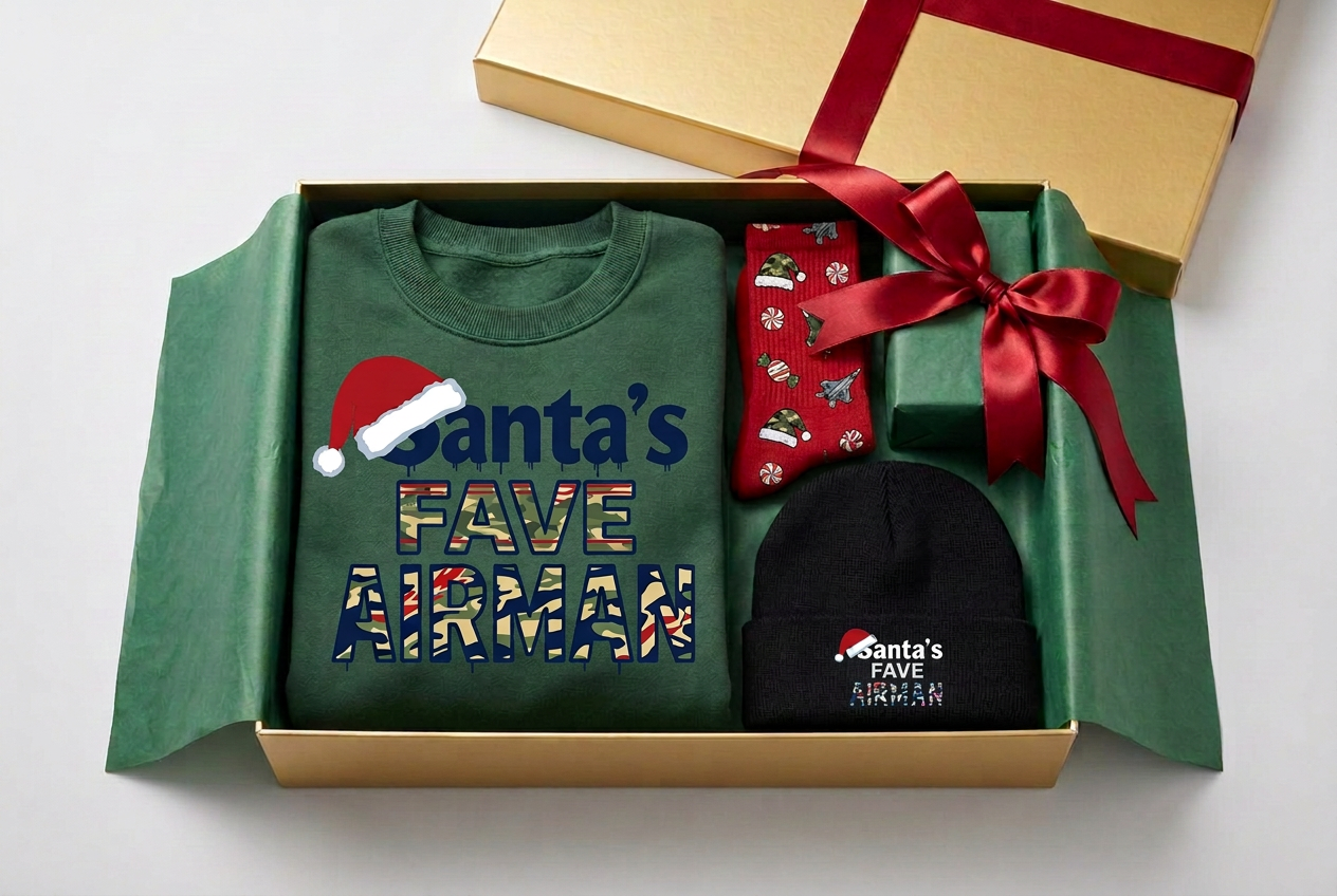 Crewneck Sweatshirt, Socks, Beanie in a gold gift box