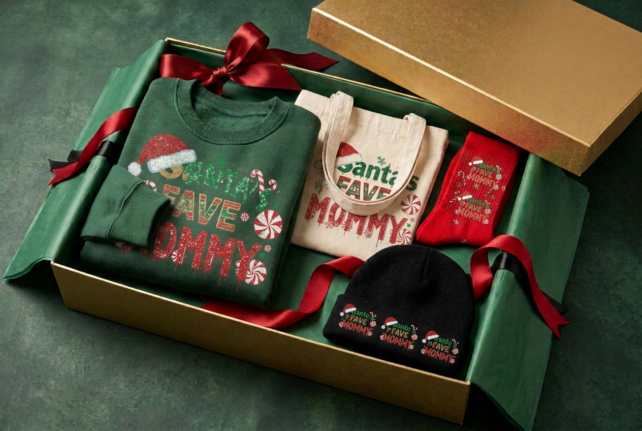 Crewneck Sweatshirt, Tote Bag, Socks, Beanie in a gold gift box — recipient design inspiration